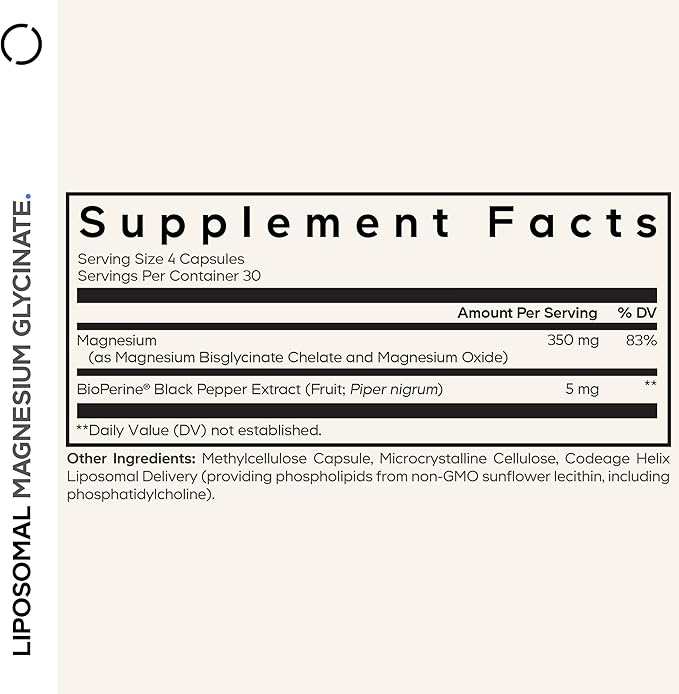 Codeage Liposomal Magnesium Glycinate Supplement - Magnesium Bisglycinate Pills - BioPerine Black Pepper - Liposomal Delivery - Non-GMO, Gluten-Free Mineral - 120 Capsules