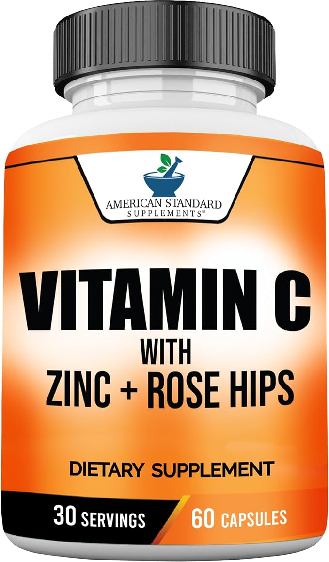 American Standard Supplements Vitamin C 2000mg, Zinc 40mg, and Rose HIPS 50mg Per Serving – Vegan, Gluten Free, Non-GMO (60 Count)