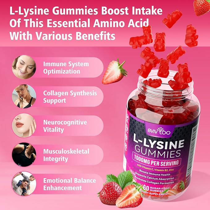 2 Pack L-Lysine 1000mg Gummies for Immune Support & Skin Health - High Potency Vegan Gummies, Sugar-Free, Natural Berry Flavor, Gluten-Free Chewable Supplement for Adults & Kids - 120 Gummiess