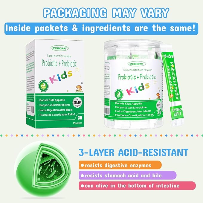 ZEBORA Kids Probiotic & Prebiotics Powder Age 3+ Support Children's Digestive & Immune System with Natural Source, Promotes Constipation Relief, Non-GMO, Gluten-Free, 30 Packets with 5 Billion CFUs