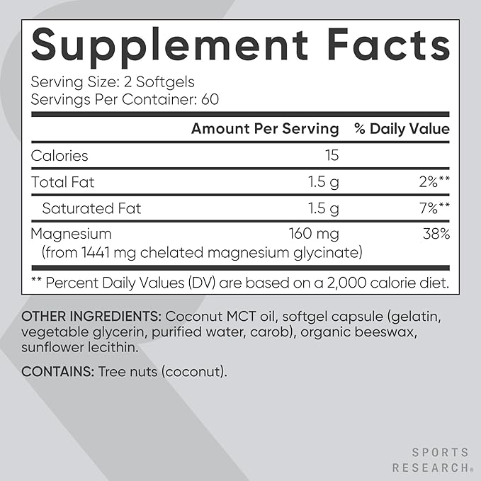 Sports Research® Magnesium Glycinate - Suports Restful Sleep & Enzymatic Processes - 160 mg Chelated Magnesium - Liquid Softgel - 120 Count