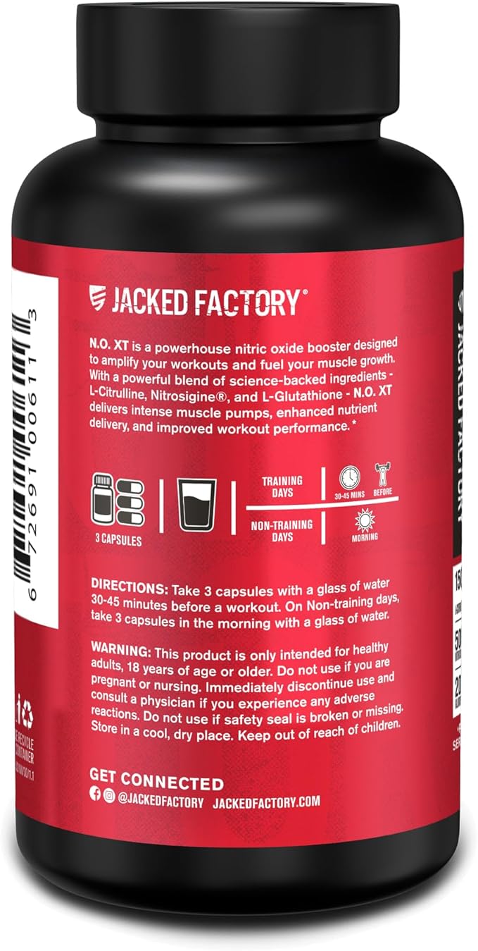 Jacked Factory N.O. XT Nitric Oxide Supplements for Men w/Nitrosigine L Arginine L Citrulline Supplement for Muscle Pumps & Vascularity - Pre Workout Nitric Oxide Booster & Muscle Builder - 30 Caps