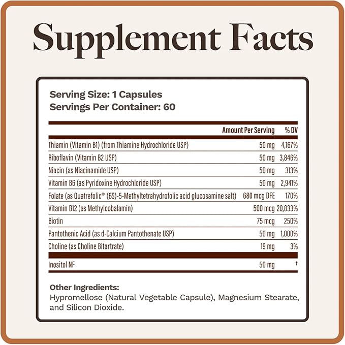 Utzy Naturals Vitamin B Complex | Contains All 8 Essential B Vitamins | with Choline and Inositol | 60 Capsules