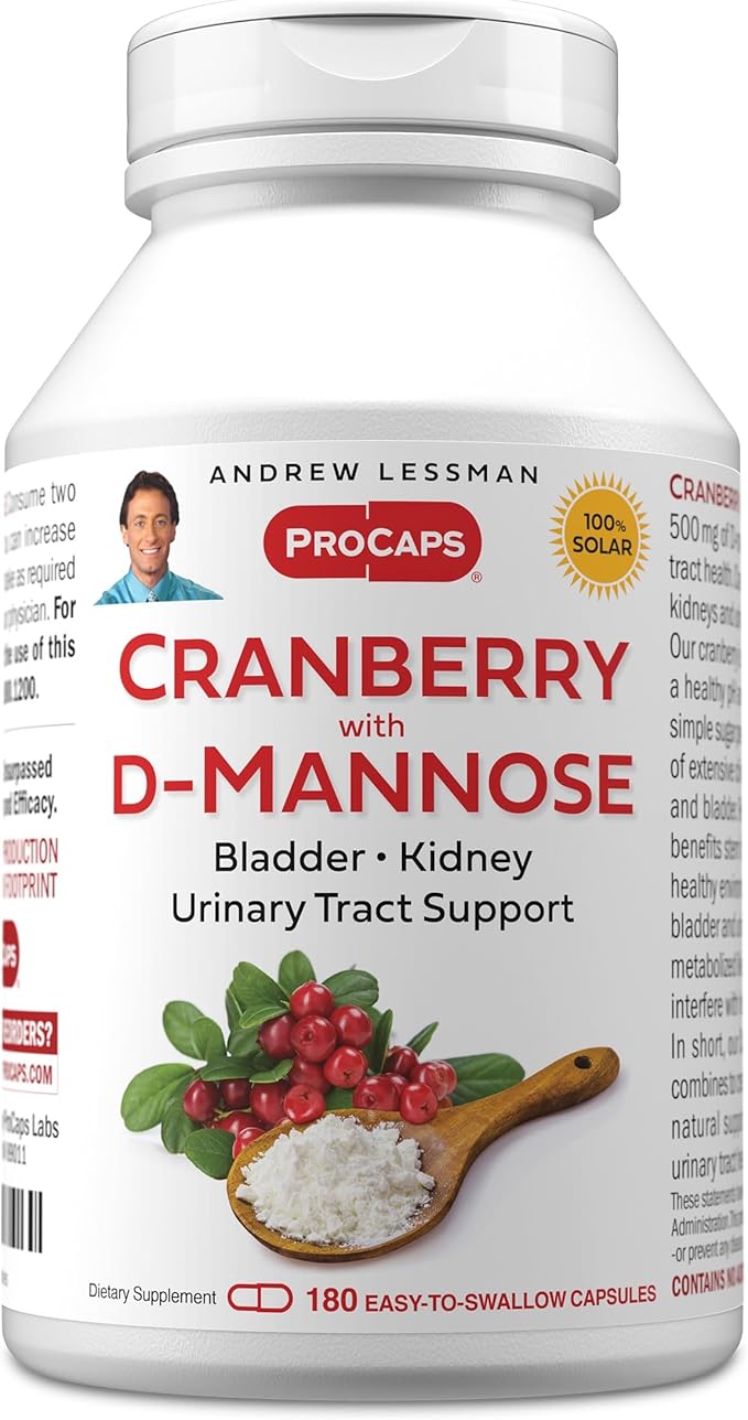 ANDREW LESSMAN Cranberry with D-Mannose - 180 Capsules - Supports Bladder, Kidney and Urinary Tract Health. High Potency Standardized Cranberry Concentrate and D-Mannose. Easy to Swallow Capsules