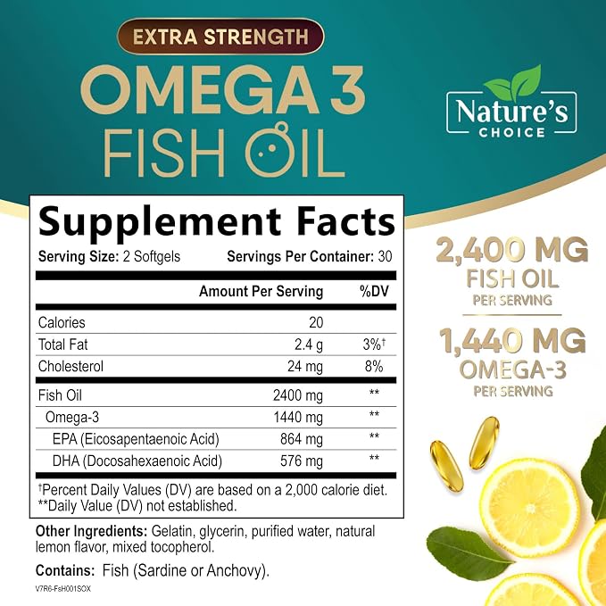 Omega 3 Fish Oil Supplements - 2400mg Fish Oil Per Serving - Triple Strength Omega-3 with Fatty Acids EPA & DHA - Natural Heart, Brain & Immune Support - Wild Caught, Bottled in USA - 60 Softgels