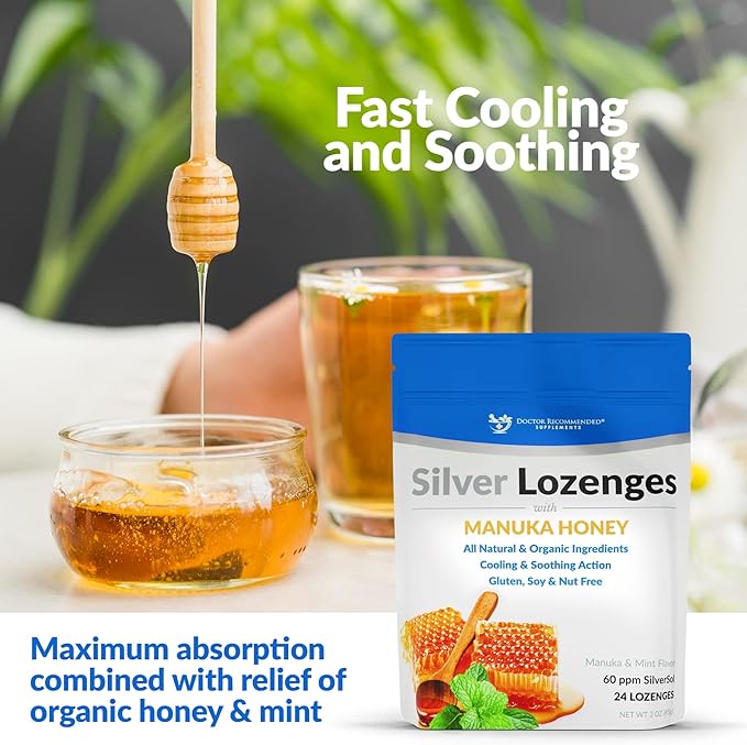 Silver Lozenges with Organic Manuka Honey and Vitamin C - All-Natural Nano Silver 45-50mcg of 60 PPM Colloidal Mineral Drops to Support Immune System, Soothe, Cool Cough & Throat, 96-Lozenges