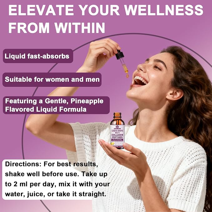 Liquid Collagen Peptides - Types I, II, III, V, X, Multi Collagen Complex | Hydrolyzed Collagen Drops for Women Men, Hair, Skin, Nails Support, Collagen Supplement w. Hyaluronic Acid, Biotin, Vitamin C