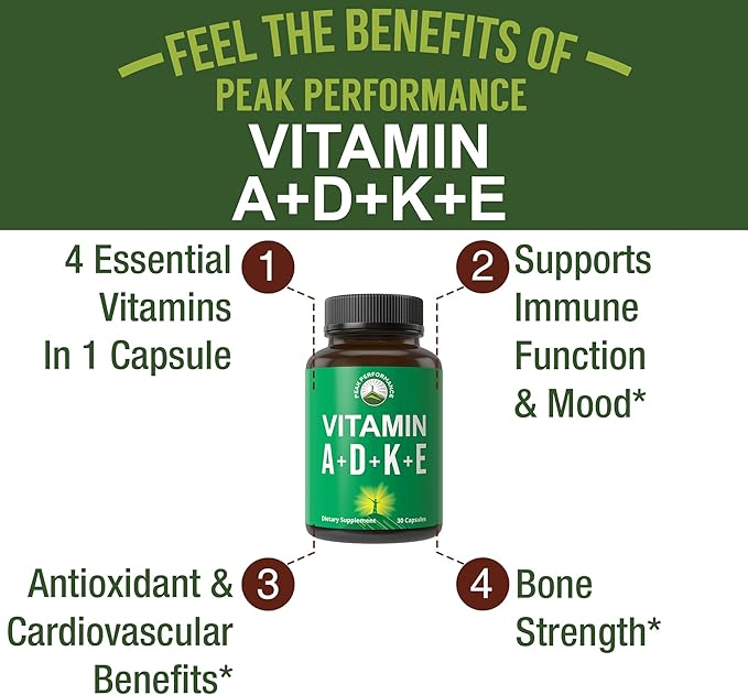 Peak Performance Vitamins D 5,000 iu + A + K + E All in 1 Easy to Swallow Vegan Capsule. ADK Vitamin Supplement with E D3 K2. Essential Vitamins for Mood, Immune, Bone, Vision, Heart