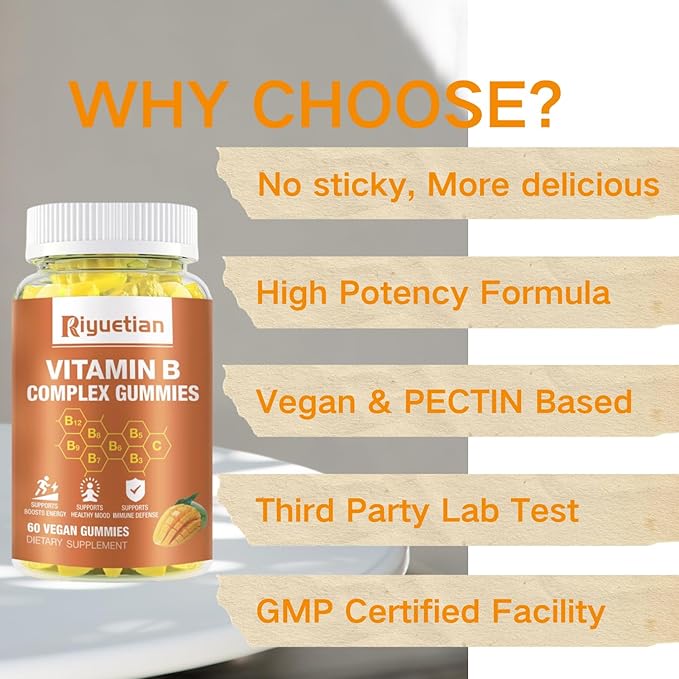 Vitamin B Complex Gummies with Biotin,Choline + Inositol, Vitamin C + Zinc for Supports Energy, Brain, Mood, Immune, Healthy Hair, Skin - Natural Mango Flavor - Vegan Diet - 120 Vegan