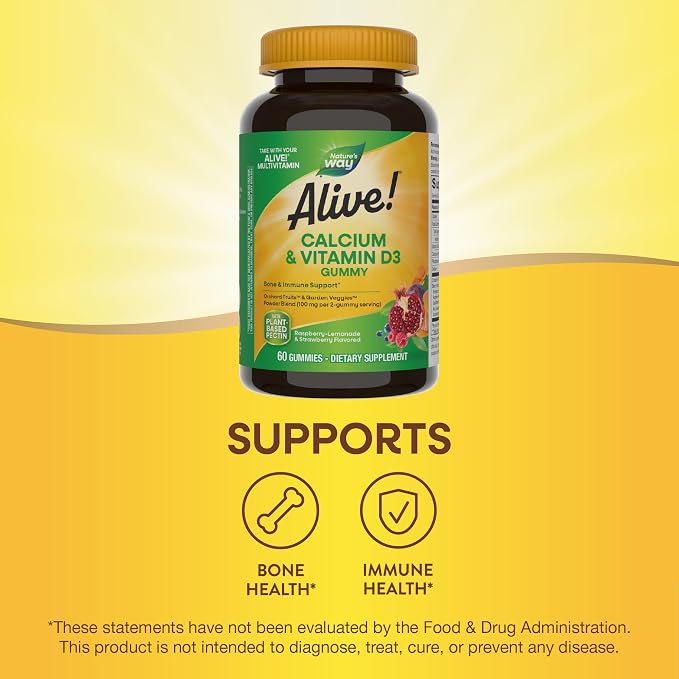 Nature’s Way Alive! Chewable Calcium Gummies with Vitamin D3, Daily Supplement Supports Healthy Bones and Teeth, and Muscle Function*, Strawberry and Raspberry-Lemonade Flavored, 60 Gummies (SET OF 3)
