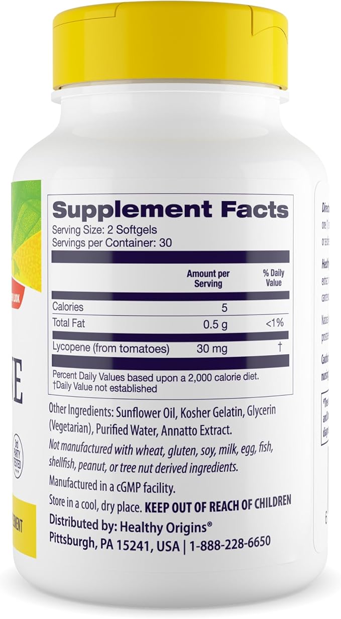 Healthy Origins Lycopene 15 mg (Natural, Non-GMO, Gluten Free, Skin Support, Prostate Support), 60 Softgels