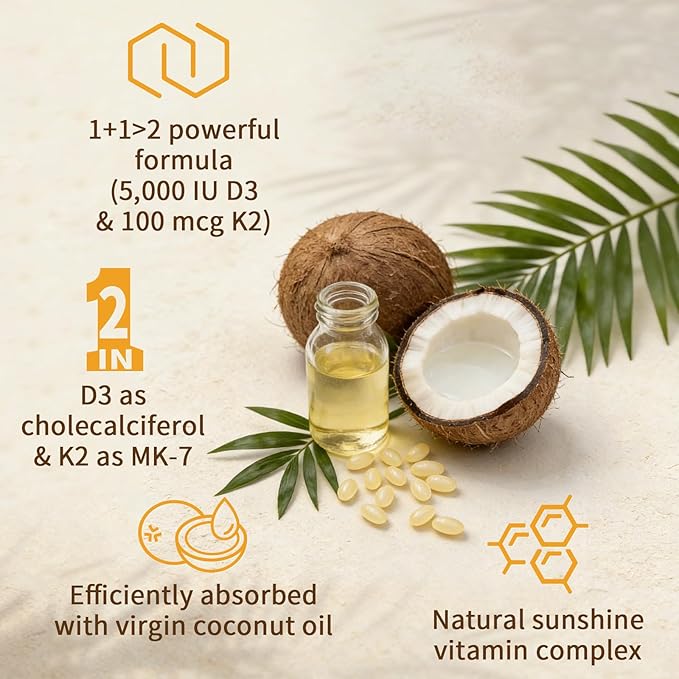 2-in-1 Vitamin D3 K2 Supplement Softgel, Vitamin D3 5000 IU and Vitamin K2 100 mcg, K2 MK7 with D3 Vitamin Supplement Support Immune, Heart, Joint, Teeth & Bone Health