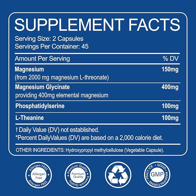 Magnesium L-Threonate 2,000mg and Magnesium Glycinate 400mg | 90 Vegetarian Capsules | Muscle Health, Better Sleep & Cognitive Health|High-Absorption | Non-GMO, Gluten-Free