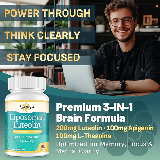 Liposomal Luteolin 200mg – Luteolin Supplement & Brain Supplement for Memory and Focus with Apigenin & L-Theanine – Non-GMO, Gluten-Free, 30 Softgels
