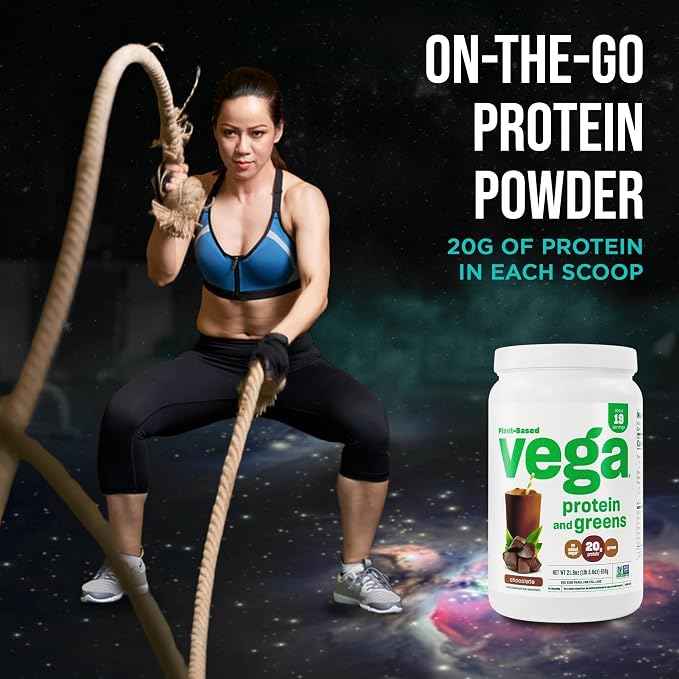 Vega Premium Protein + Supergreens, Chocolate – 20g Vegan Protein, Dairy & Gluten Free, 22.4 oz (19 Servings)