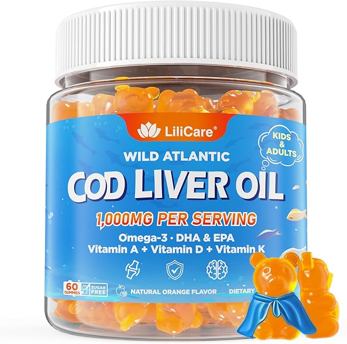 Cod Liver Oil Gummies 1000mg for Kids & Adults - w/Omega 3 (EPA & DHA), Vitamins A, D3 & K2 - Cod Liver Oil Omega 3 Gummies for Immune, Brain & Cognitive Support, Sugar-Free, Orange Flavor, 60Cts