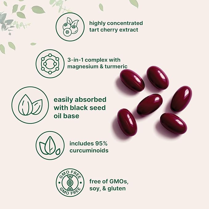 Tart Cherry+ with Magnesium Glycinate & 95% Turmeric Curcumin, 300 Softgels | Highly Bioavailable with Black Seed Oil Carrier | Extra Strength Tart Cherry Extract | Natural Herbal & Mineral Complex
