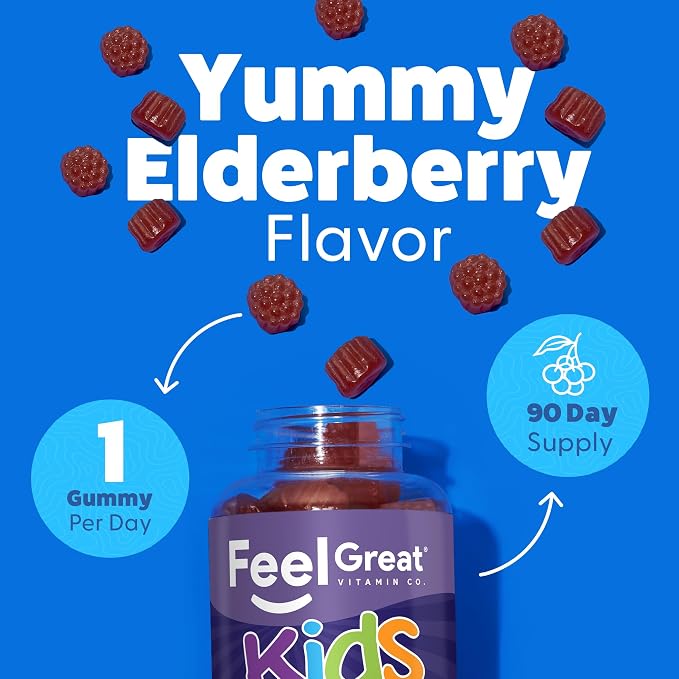 Feel Great Vitamin Co. Elderberry Gummies for Kids | Immune Support | Natural Antioxidant Immune Booster | with Vitamin C and Zinc | Gluten Free & Vegetarian | 90 ct 2 Pack