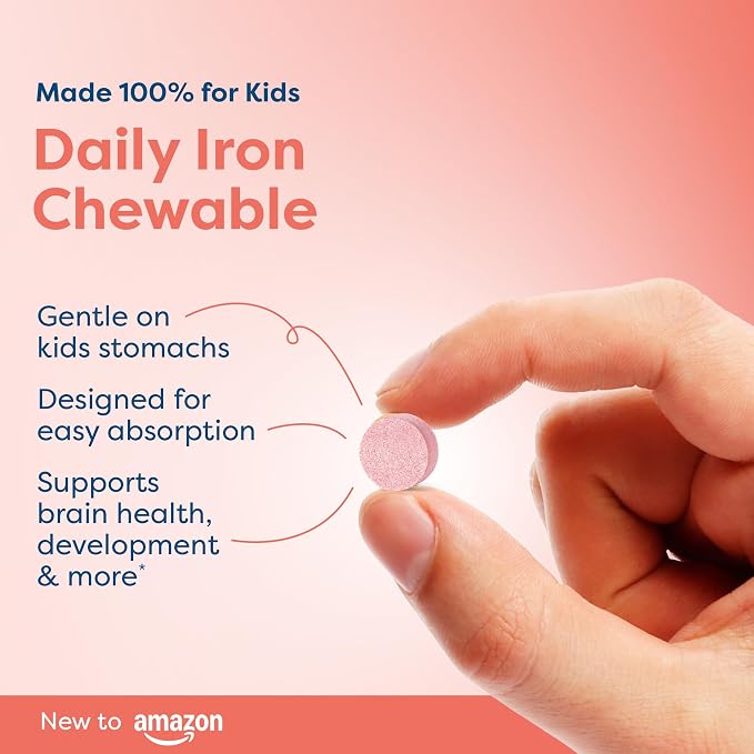 Hiya Iron+ Supplements for Kids - High Absorption Iron Supplement - Delicious Strawberry Flavor & Easy on Children's Stomach - No Added Sugar & Third Party Tested - 30 Day Refill Supply for Toddlers