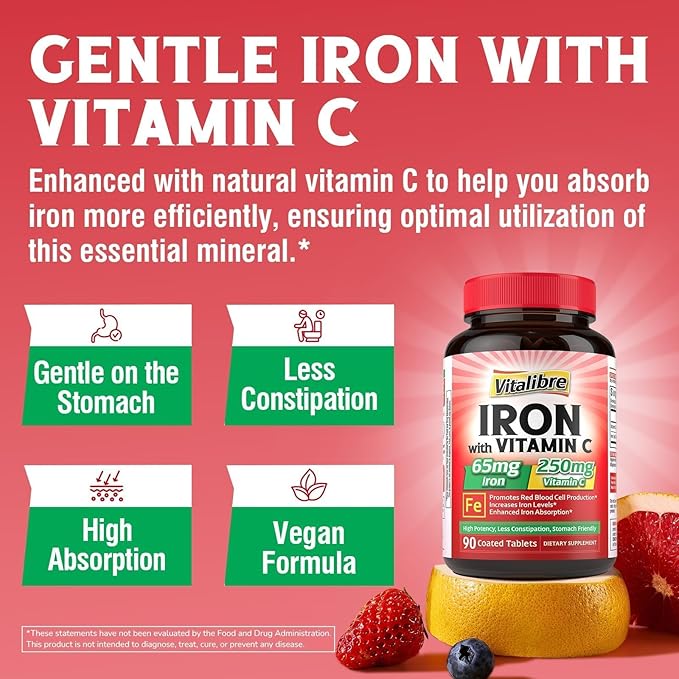Iron Supplement, 65mg Carbonyl Iron with 250mg Vitamin C, Stomach Friendly Iron Pills for Blood Building Women & Men, High Absorption, No Nausea, No Constipation, Non-GMO, No Gluten, 90 Vegan Tabs