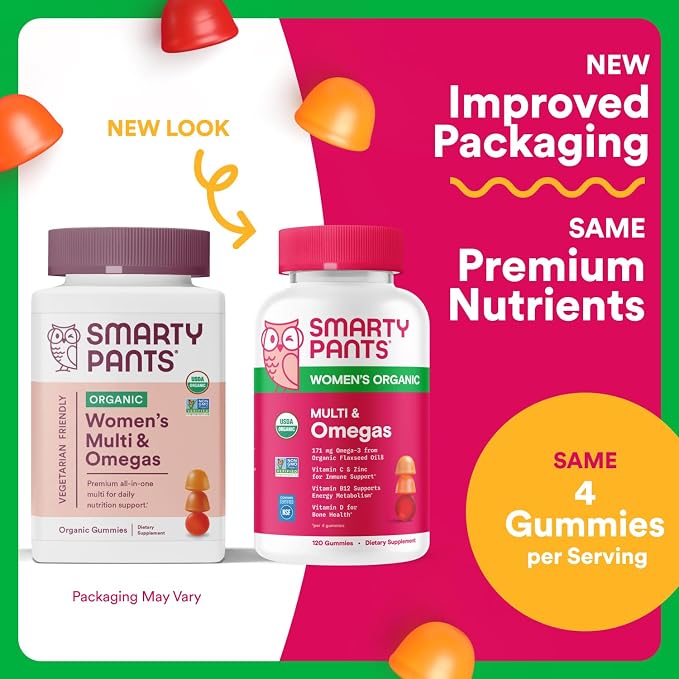 SmartyPants Organic Women's Multivitamin Gummies: Biotin, Methylfolate, Omega 3 (ALA), Vitamin D3,C,B12,B6,A,K & Zinc, Inositol, Gluten Free, Vegetarian, 120 Count (30 Day Supply)(Pack of 2)