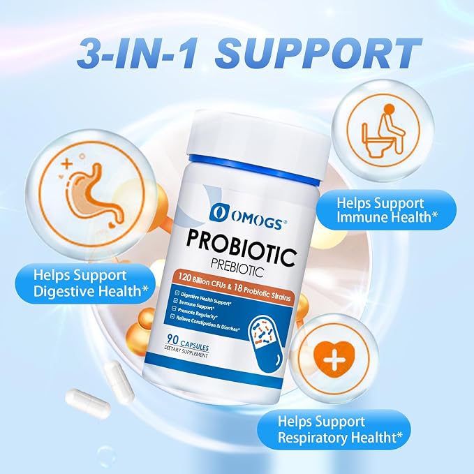OMOGS Probiotics 120 Billion CFUs 18 Strains, 3 Prebiotics & Digestive Enzymes, Helps Digestive, Gut Health, Immune, Supports Occasional Constipation, Diarrhea & Gas - for Women & Men, 90 Capsules