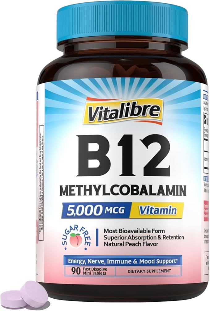 Vitalibre Vitamin B12 Sublingual 5000 mcg, Methylcobalamin, Bioactive Form, High Absorption, Vegan, Nerve, Energy, Immune, Mood Support, Natural Peach Flavor, 90 Fast Dissolve Mini Tablets, No Sugar