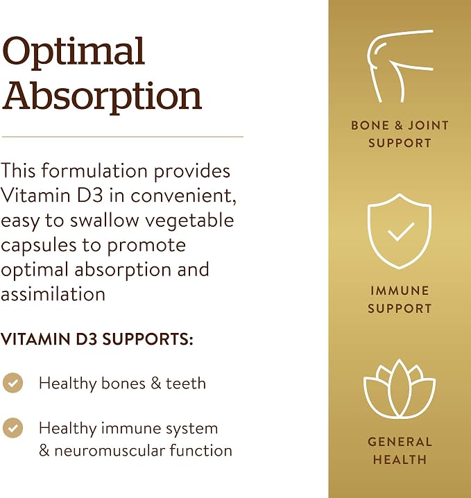 Solgar Vitamin D3 (Cholecalciferol) 125 mcg (5000 IU), 240 Vegetable Capsules - Helps Maintain Healthy Bones & Teeth - Immune System Support - Non-GMO, Gluten Free - 240 Total Servings