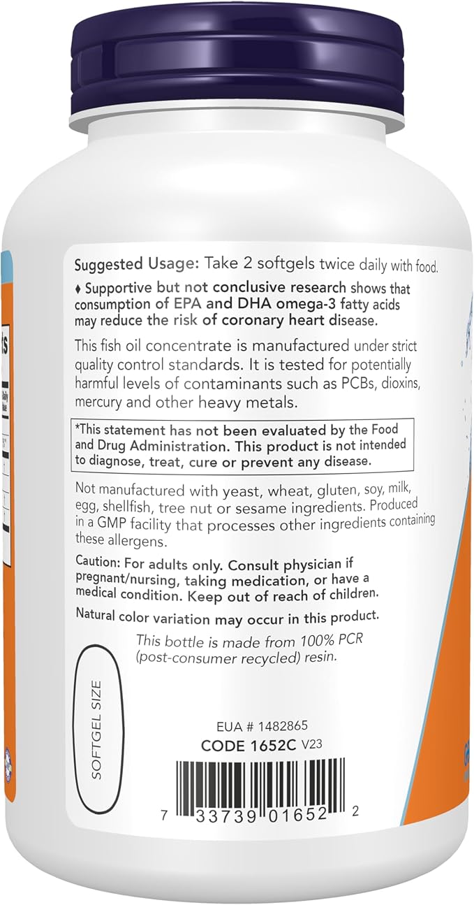 NOW Foods Supplements, Omega-3 180 EPA / 120 DHA, Molecularly Distilled, Cardiovascular Support*, 200 Softgels
