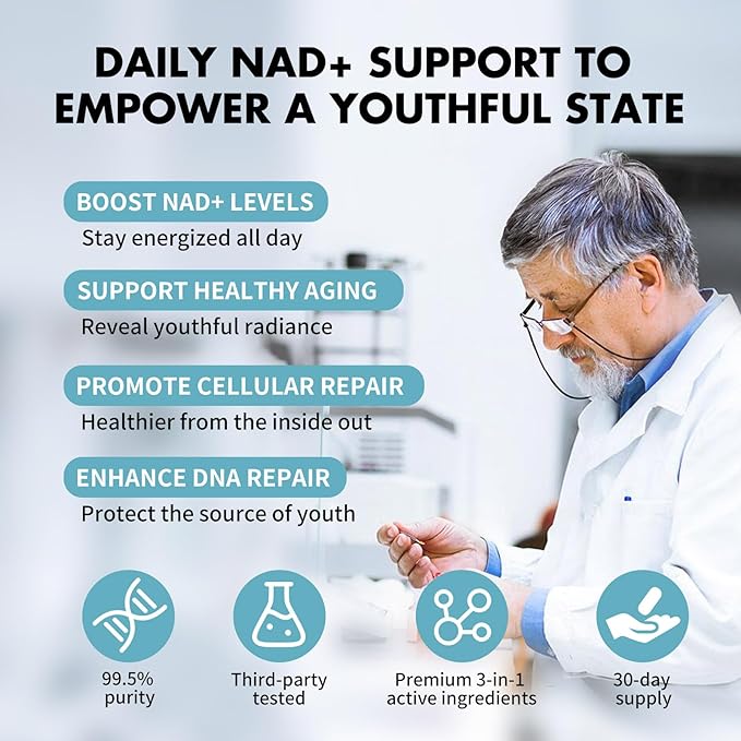 NAD+ Supplement, with Nicotinamide Riboside and Resveratrol, Supports Cell Health, Slows Aging, Helps Focus, and Promotes NAD+ Production - 60 Capsules