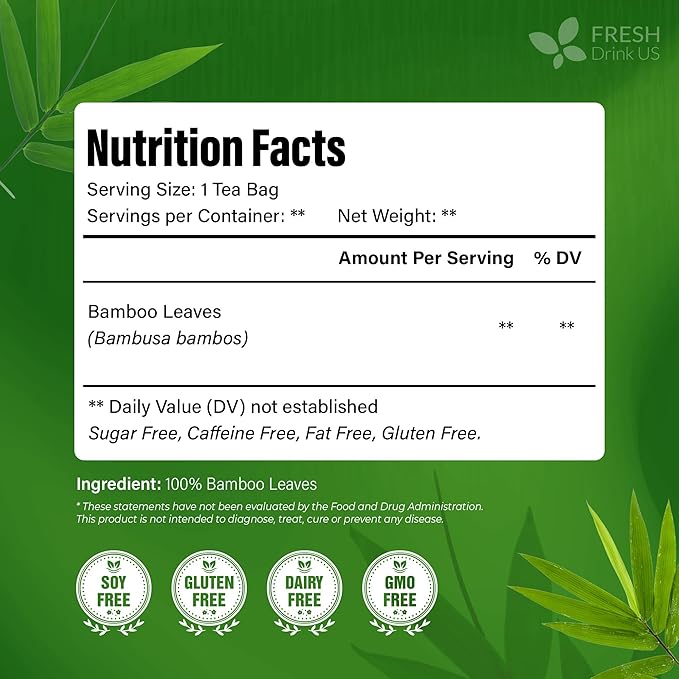 FreshDrinkUS, Premium Bamboo Leaf Tea Bags | 40 Count | Naturally Light & Refreshing Caffeine-Free Herbal Tea – From 100% Natural Bamboo Leaves. Sugar-Free. Vegan