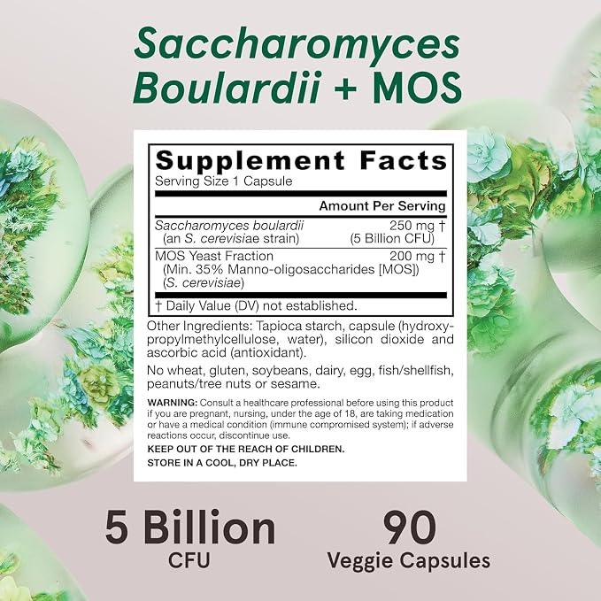 Jarrow Formulas Saccharomyces Boulardii + MOS - 5 Billion Viable Organisms Per Serving - 90 Delayed Release Veggie Caps, 2 Pack - Probiotic + Prebiotic - Intestinal Tract Support - Up to 180 Servings