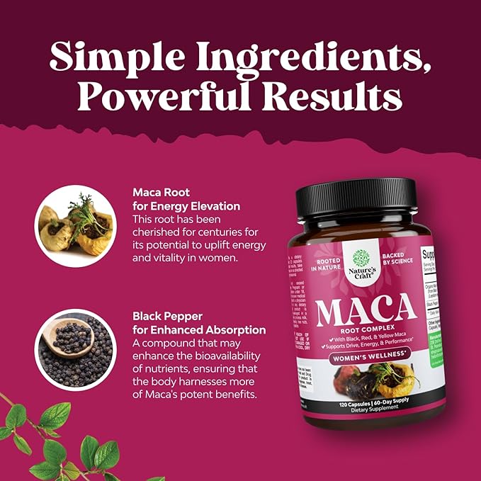 Maca Root Capsules for Women - Potent Herbal Supplement with Female Enhancing Blend of Red Yellow & Black Maca Root - Non-GMO Certified Vegan and Gluten-Free with No Artificial Colors - 120 Count