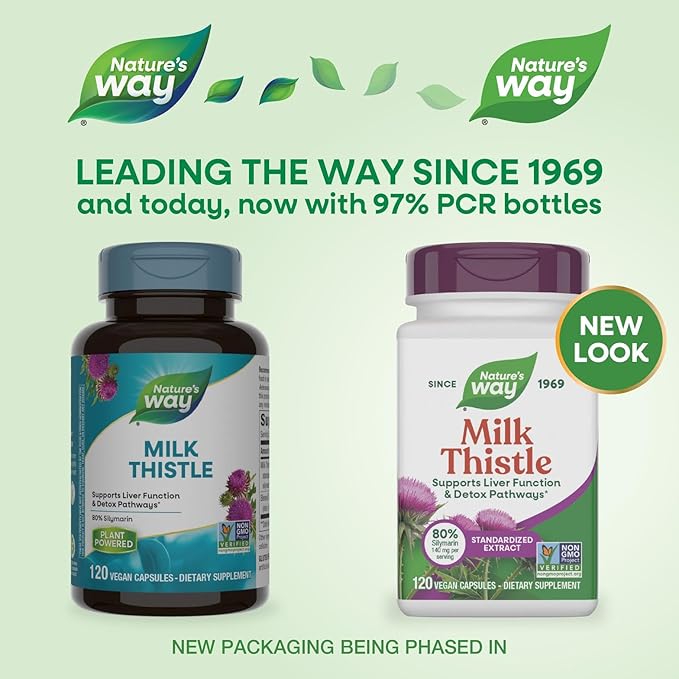Nature's Way Milk Thistle, Supports Liver Function & Detox Pathways*, 175 mg Milk Thistle Seed Extract Standardized to 80% Silymarin per Serving, Vegan, 120 Capsules (Packaging May Vary)