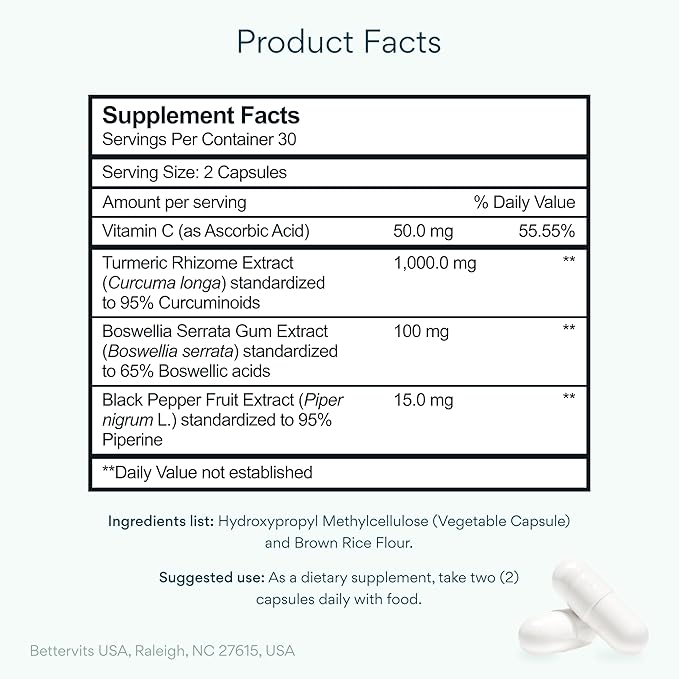 Bettervits Turmeric Curcumin Supplement with Black Pepper and Boswellia Serrata | Organic 1000mg Turmeric Supplement for Enhanced Absorption and Vitamin C | Joint Support - Non-GMO | 60 Vegan Capsules