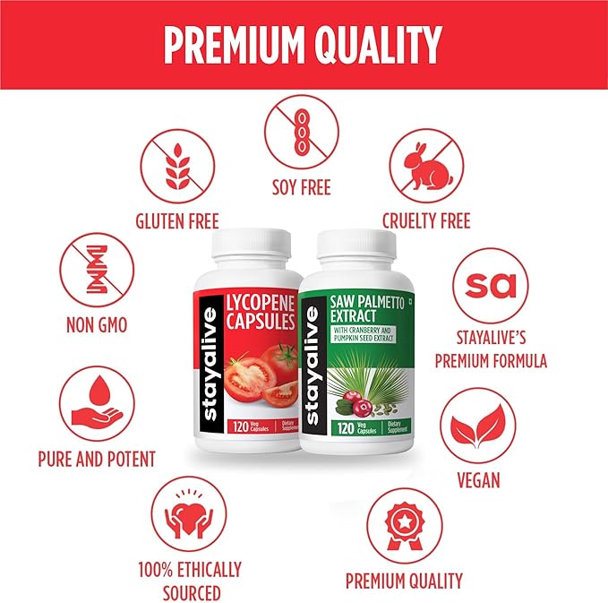 STAYALIVE Lycopene and Saw Palmetto Bundle with Cranberry and Pumpkin Seed Extract, 240 Vegan Pills, Non-GMO & Gluten Free Men's Health Supplement
