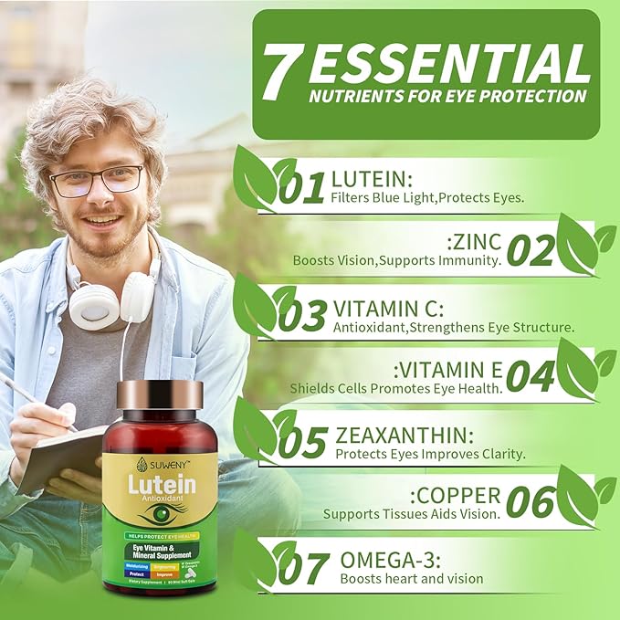 Lutein Eye Vitamins Supplement for Adults - 90 Capsules, Supports Eye Health with Zeaxanthin, Zinc, Vitamins C & E, Vegan Formula for Blue Light Protection & Macular Support (1)