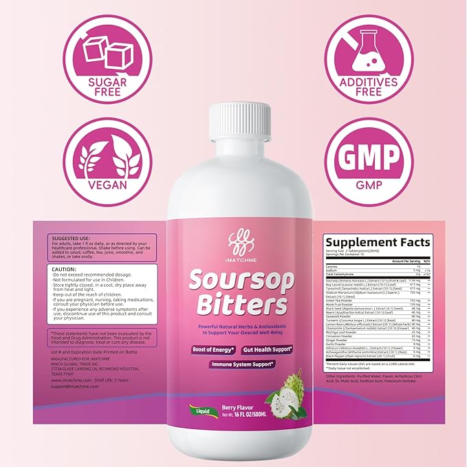 Soursop Bitters Liquid-Pure 20 Herb Guanabana Tea for Digestive Health,Gut Detox & Cleanse,Antioxidant,Immune Support with Black Seed,Moringa,Turmeric&Ashwagandha, 98% High Absorption,Non-GMO 16 fl oz