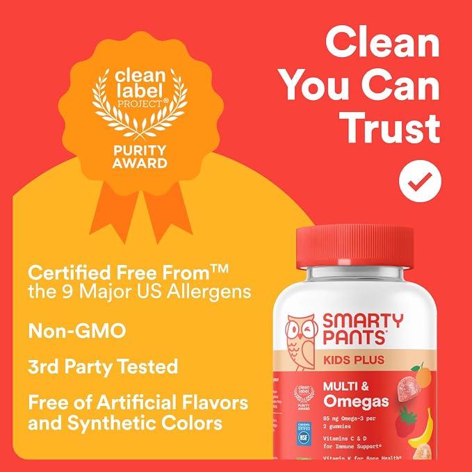 SmartyPants Kids Multivitamin Gummies, Omega 3 (DHA/EPA), Vitamins D3, C, B12, B6, Vitamin A, K & Zinc, Gluten Free, Three Fruit Flavors, 80 Count (40 Day Supply)