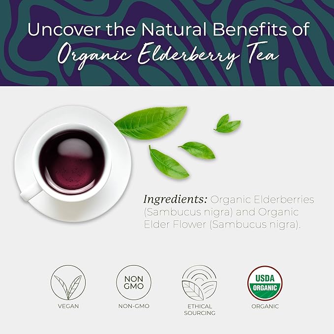 Starwest Botanicals Organic Elderberry Tea - Caffeine Free Herbal Tea Blend, Immune System Support, String Free Sachets, USDA Organic Elderberries & Elder Flower, Non GMO - Bulk Pack, 100 Tea Bags