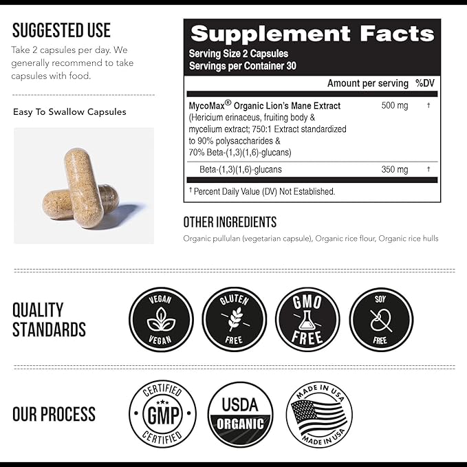MycoMax Lions Mane Supplement - 70% Beta Glucans, Max Potency Organic Lion’s Mane Extract, US Grown + Ultrasonic Extraction - 500 mg serving - Supports Mental Clarity, Focus and Memory - 60 Capsules