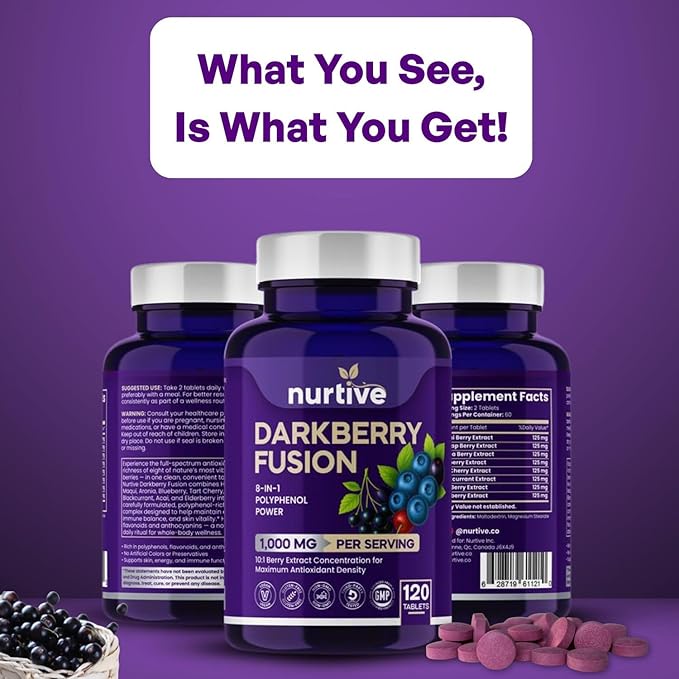 Darkberry Fusion Tablets – 1000 mg – 120 Tablets – 2 Tablets Per Day, 2-Month Supply – 8-Berry Blend with Maqui, Haskap, Aronia, Blueberry, Tart Cherry, Blackcurrant, Acai & Elderberry