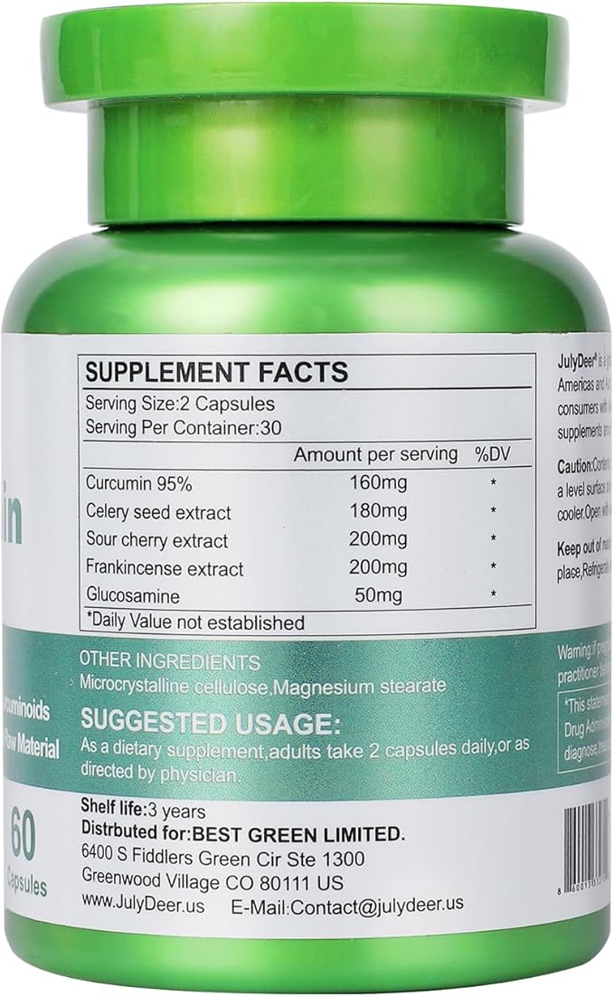 JulyDeer Curcumin Turmeric 95% with Celery Seed, Sour Cherry, Frankincense Extract, Glucosamine 5 in 1 Formula 95% Curcuminoid Natural Antioxidant Supplements Support to Joints and Immune Health