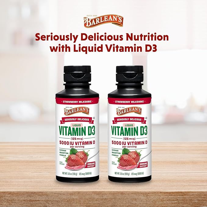 Barlean's Pack of 2 Vitamin D3 Liquid Supplement for Kids and Adults, 5000 IU Vitamin D, Strawberry Milkshake, Non-GMO, Gluten and Dairy Free, 5.6 oz Each