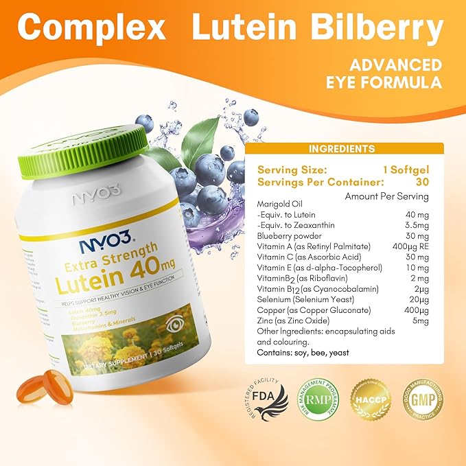 NYO3 Lutein & Zeaxanthin 40mg with Blueberry, Eyes Vitamins and Mineral Supplement– Multivitamins for Eye & Vision Health | Antioxidant Support, 30 Softgels