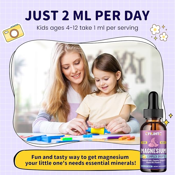 Kids Magnesium Liquid Drops-Magnesium Glycinate Liquid for Kids Supplement-w/L-theanine, Omega-3, Vitamin B6, D3 - for Sleep, Relaxation, Brain, Bones - Lemon Flavor, 4 Fl Oz