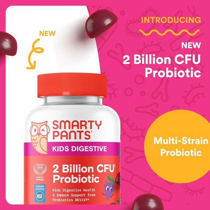 SmartyPants Kids Probiotic Gummies for Digestive Health: 2 Billion CFU Gut Health and Immune Support Supplement, Clinically Studied Probiotic, Gluten Free, Grape, 30 Count (30 Day Supply)