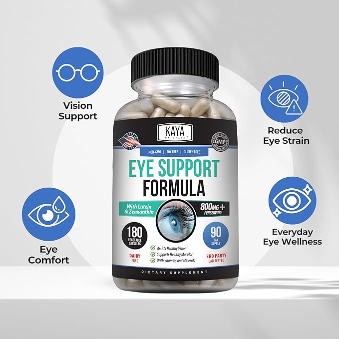 Kaya Naturals Eye Health Supplement - Lutein & Zeaxanthin - Supports Eye Strain, Dry Eyes, and Vision Health - 800mg Vitamin Supplement - 180 Count
