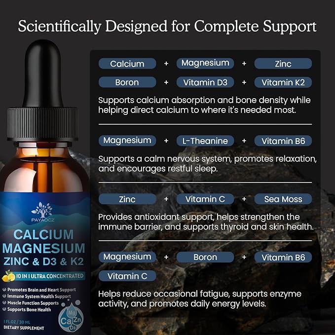 (1 Pack) Magnesium Calcium Zinc Supplement with Vitamin D3 K2 for Women, Magnesium Glycinate Vegan Liquid Drops for Adult Plus L-Theanine Boron Sea Moss Extract, Bone, Sleep & Leg Cramps, 1 Fl Oz
