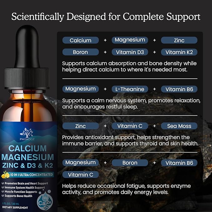 (2 Pack) 10 in 1 Magnesium Calcium Zinc Supplement with Vitamin C D3 K2, Glycinate Mag Vegan Liquid Drops Plus L-Theanine Boron Sea Moss Extract, Immune Support, Bone, Sleep & Leg Cramps, 1 Fl Oz